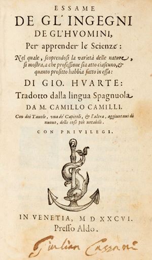 Essame de gl'ingegni de gl'huomini, per apprender le scienze ...Tradotto Dalla Lingua Spagnuola Da M. Camillo Camili