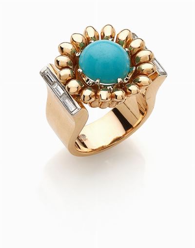 Anello in oro rosso 18K con turchese e diamanti