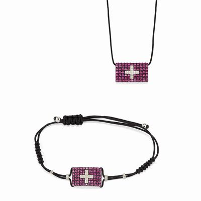 Demi-parure in oro bianco 18K con rubini e diamanti, raffigurante bandiera svizzera