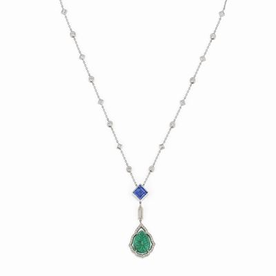 Collana in oro bianco 18K con pendente in smeraldo, tanzanite e diamanti