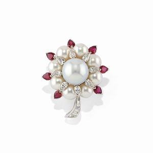 A cultured pearl, ruby and diamond brooch, Bulgari with box