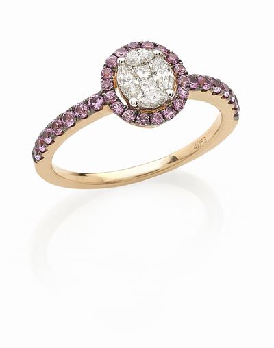 Anello in oro rosè 18K con diamanti e zaffiri rosa