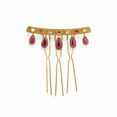Fermacapelli in oro giallo 18K con pietre rosse e incolori