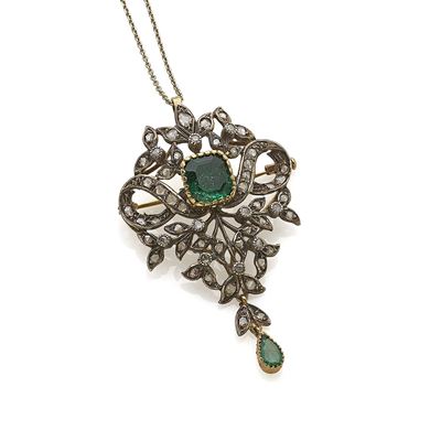 Collana con pendente/spilla in oro e argento, decorata con smeraldi e diamanti, fine XIX secolo