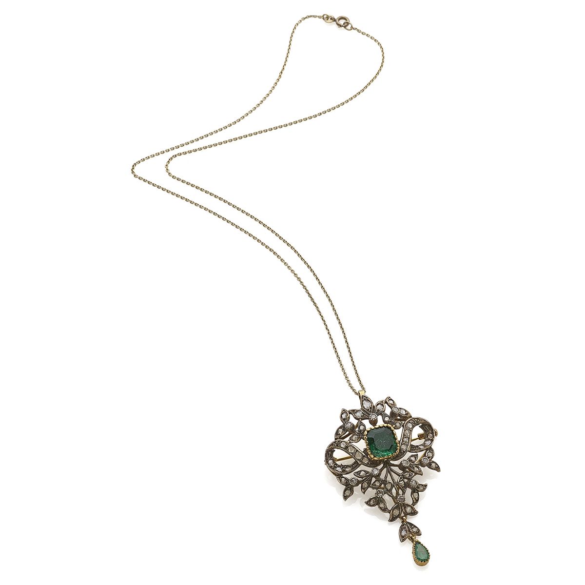 Collana con pendente/spilla in oro e argento, decorata con smeraldi e diamanti, fine XIX secolo