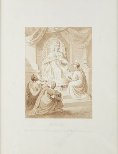 G. Cavazzi, Pio IX dispensa ai poveri l'obolo offertogli dalla Carità dei fedeli, matita e acquer...