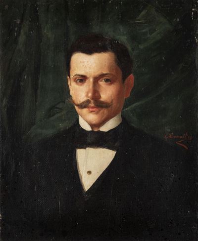 Ritratto di giovane uomo con baffi, olio su tela
