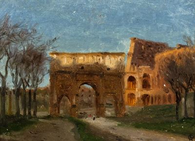 Roma, l'Arco di Costantino da Via di San Gregorio, olio su cartone