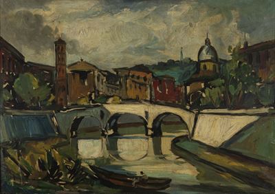 Roma, veduta del Tevere con l'Isola Tiberina, olio su tela