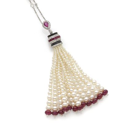 Collana sautoire in oro bianco 18K con diamanti, perle, rubini e onice