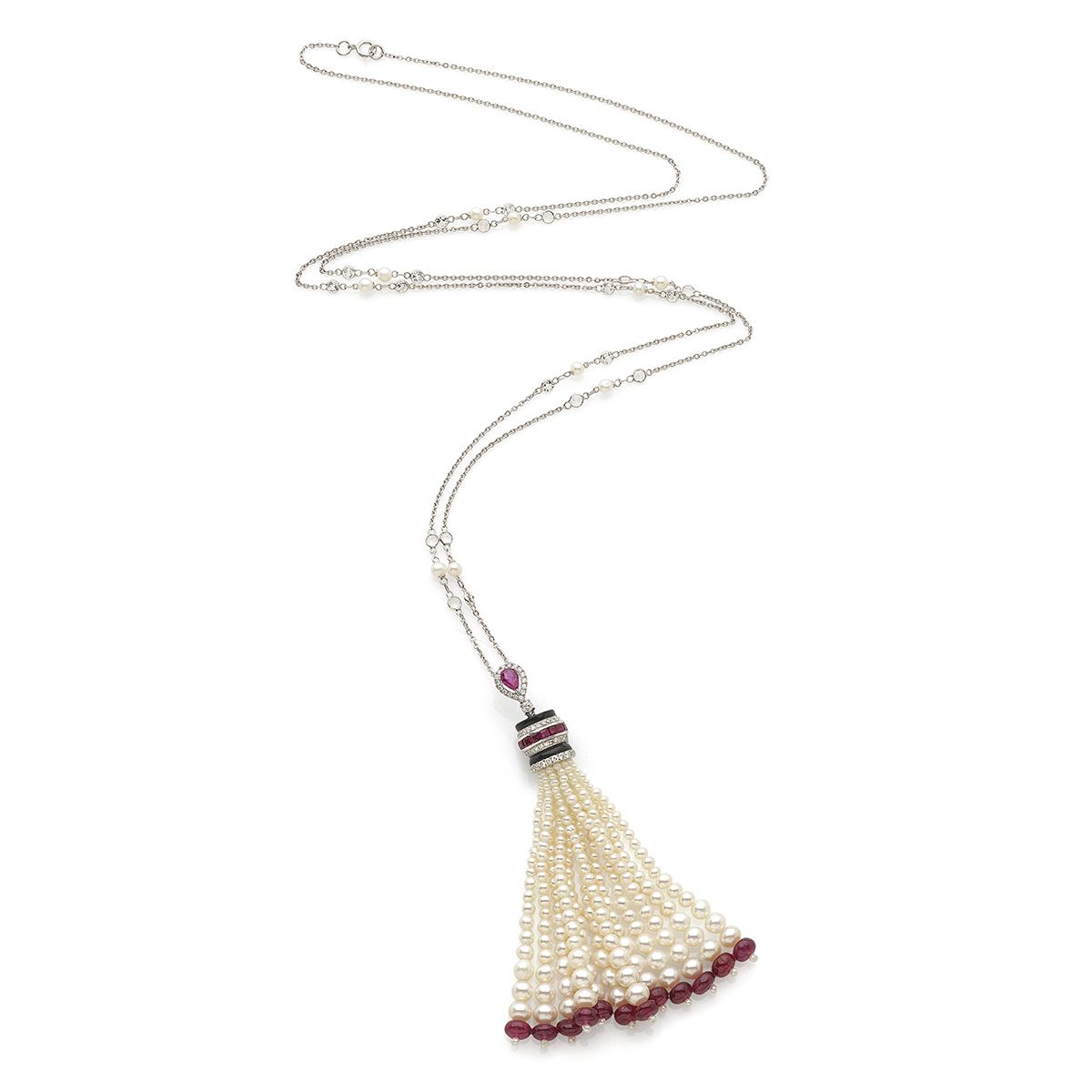 Collana sautoire in oro bianco 18K con diamanti, perle, rubini e onice