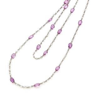 LONG CHAIN NECKLACE IN WHITE GOLD 18K WITH BRILLIANT CUT DIAMONDS AND OVAL CUT PINK SAPPHIRES