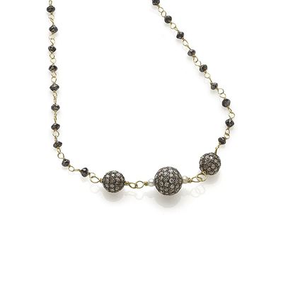 Collana in oro giallo 18K e argento con diamanti neri e bianchi