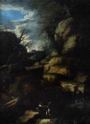 Rocky landscape with soldiers in the foreground