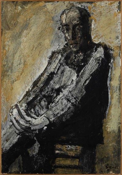 Figura maschile seduta (tempera, china e matita grassa su carta applicata su tela)