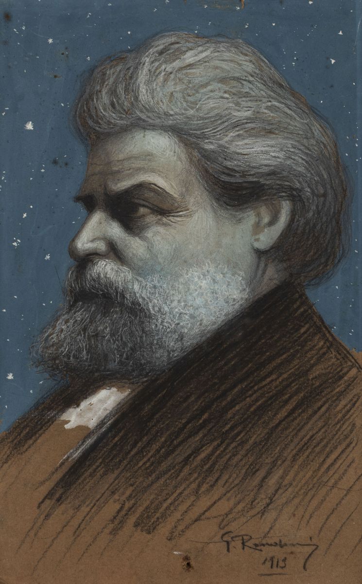 Giuseppe Rondini - Ritratto di Giosuè Carducci, tecnica mista su cartone