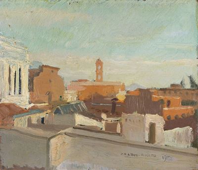 Roma, veduta del Campidoglio con l'Ara Coeli e il Vittoriano, olio su legno