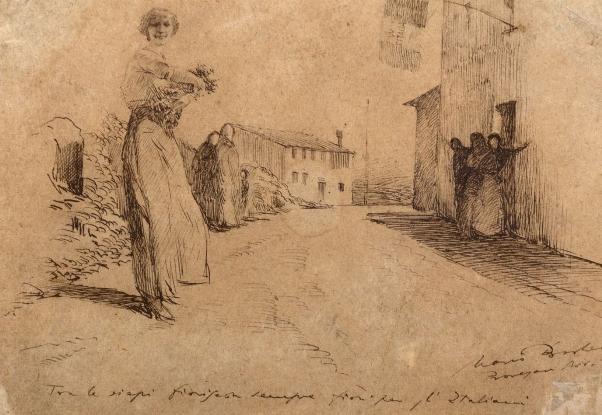 Mario Barberis - Coppia di disegni: 'Tra le siepi fioriscon sempre fiori per gl'Italiani' e 'Ango...