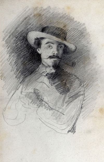 Ritratto di giovane uomo con cappello e pipa, matita su carta