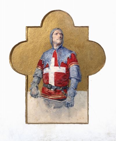 Scuola italiana della seconda metà del XIX secolo, Guerriero medievale - tecnica mista su cartonc...