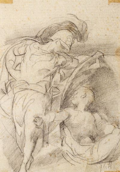 Lotto di due disegni: 'Alessandro e Diogene' e 'Ritratto di giovane donna', matita su carta