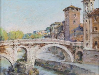 Roma, il Ponte Fabricio all'Isola Tiberina, pastello su cartoncino