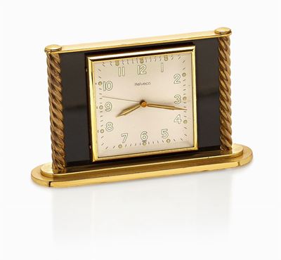 Helveco, Orologio da tavola in metallo dorato con movimento meccanico
