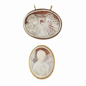  - Two 18K and 9K yellow gold and cameo pendants