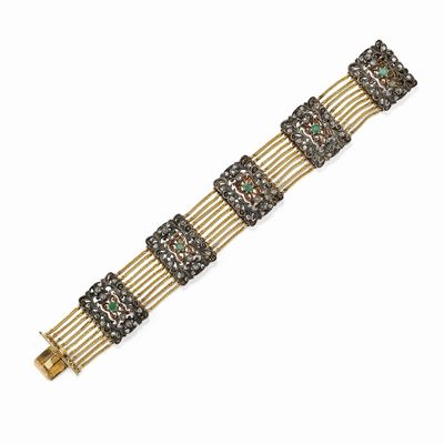 Bracciale in oro giallo 18K e argento con smeraldi e diamanti