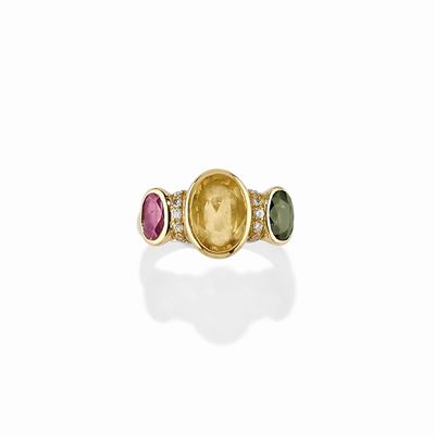 Anello in oro giallo 18K con zaffiri e diamanti