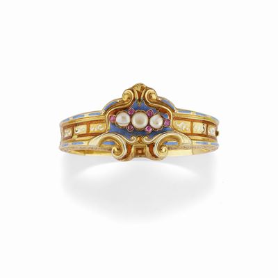 Bracciale, oro giallo 18K con perle, rubini e smalti policromi, XX secolo