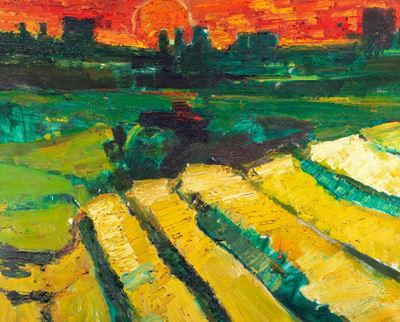 Campi al tramonto, olio su tela