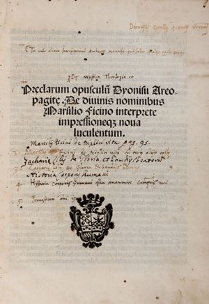 Preclarum opusculum Dyonisii Areopagite. De diuinis nominibus Marsilio Ficino interprete impressioneque noua luculentum