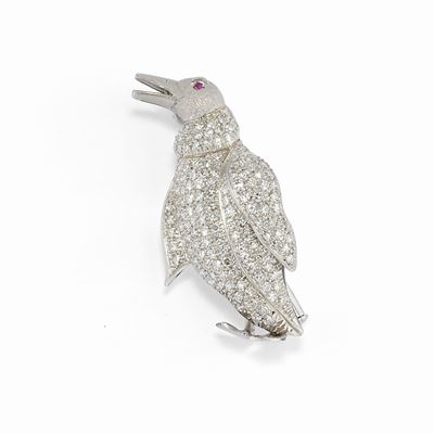 Spilla con motivo a pinguino, platino e diamanti taglio huit-huit