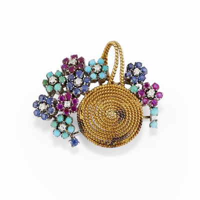 Spilla in oro bicolore 18K con rubini, zaffiri e diamanti