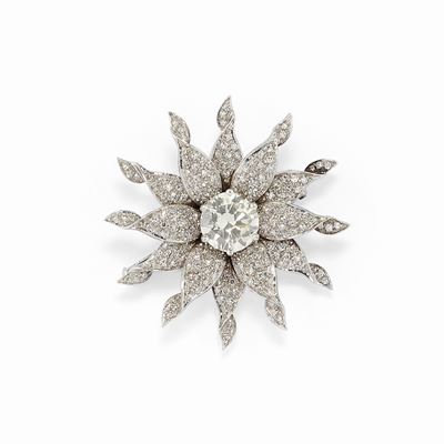 Spilla in oro bianco 18K con diamante di ct 2,50 e brillanti