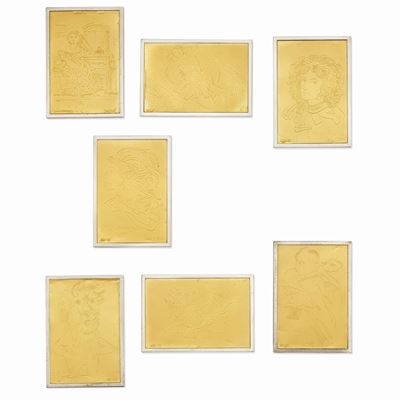 Sette opere a tiratura limitata, oro puro 999/1000 e cornice in argento, 1975 circa