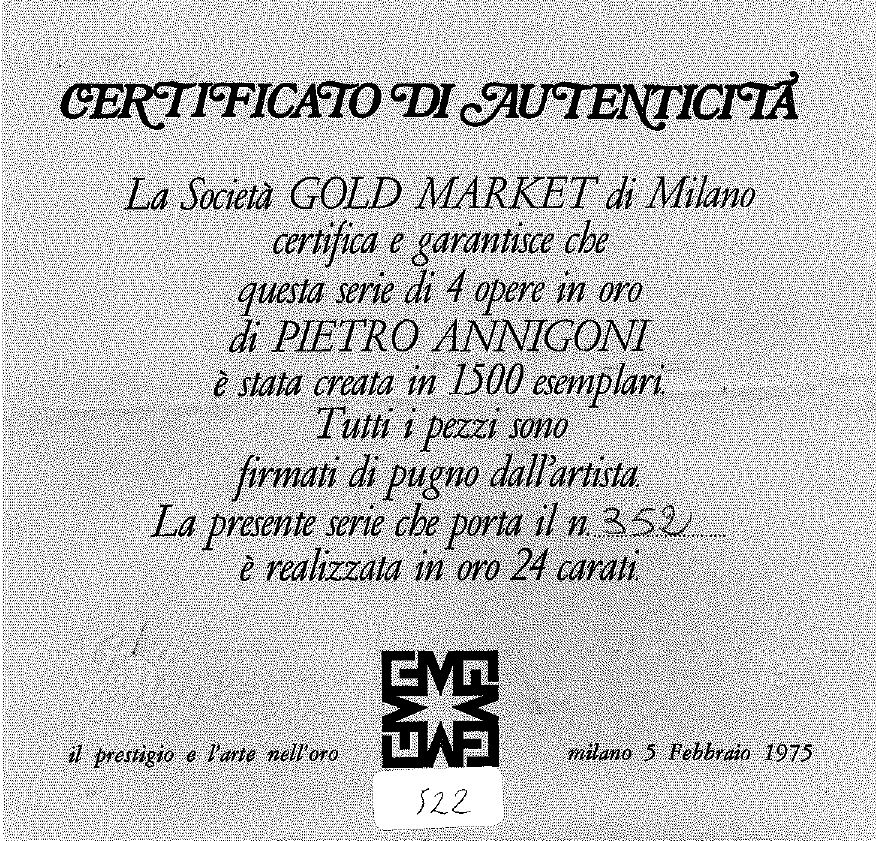 Sette opere a tiratura limitata, oro puro 999/1000 e cornice in argento, 1975 circa