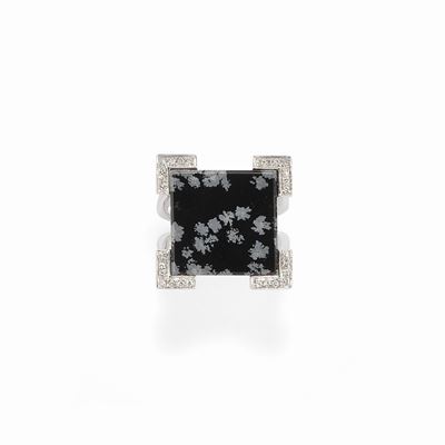 Anello con diamanti e ossidiana fiocco di neve, oro bianco 18K