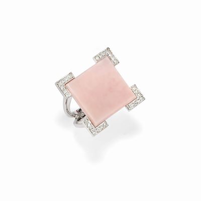 Anello in oro bianco 18K con diamanti e pietra dura rosa