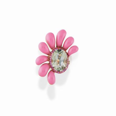 Anello in oro rosso 18K con smalto rosa e quarzo verde ovale