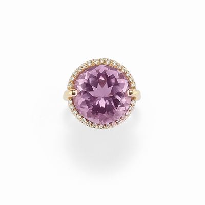Anello in oro rosso 18K con ametista rotondo e diamanti