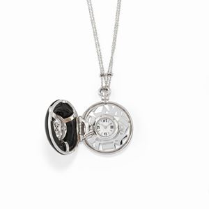 A 18K white gold,onyx, mother of pearl and diamonds necklace with watch.