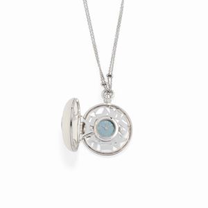 A 18K white gold, agate, mother of pearl and diamonds necklace with clock.
