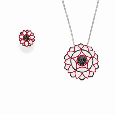 Demi-parure in oro bianco 18K con smalto rosso e diamanti neri