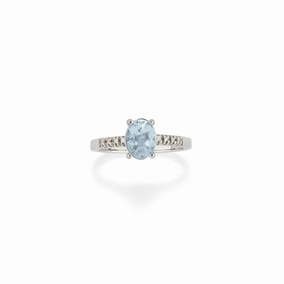 Anello con acquamarina e diamanti, oro bianco 18K