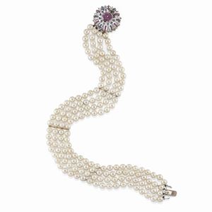 A 18K white gold, cultured pearl, ruby and sapphire necklace