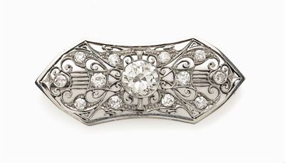 Spilla in oro bianco 18K con diamante antico, circa 1930-35