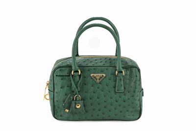 Borsa doppi manici Re-Edition in pelle di struzzo verde smeraldo