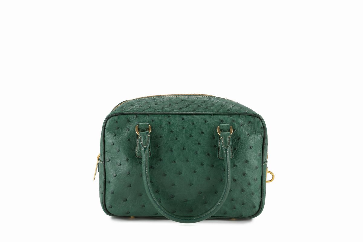 Prada - Borsa doppi manici Re-Edition in pelle di struzzo verde smeraldo